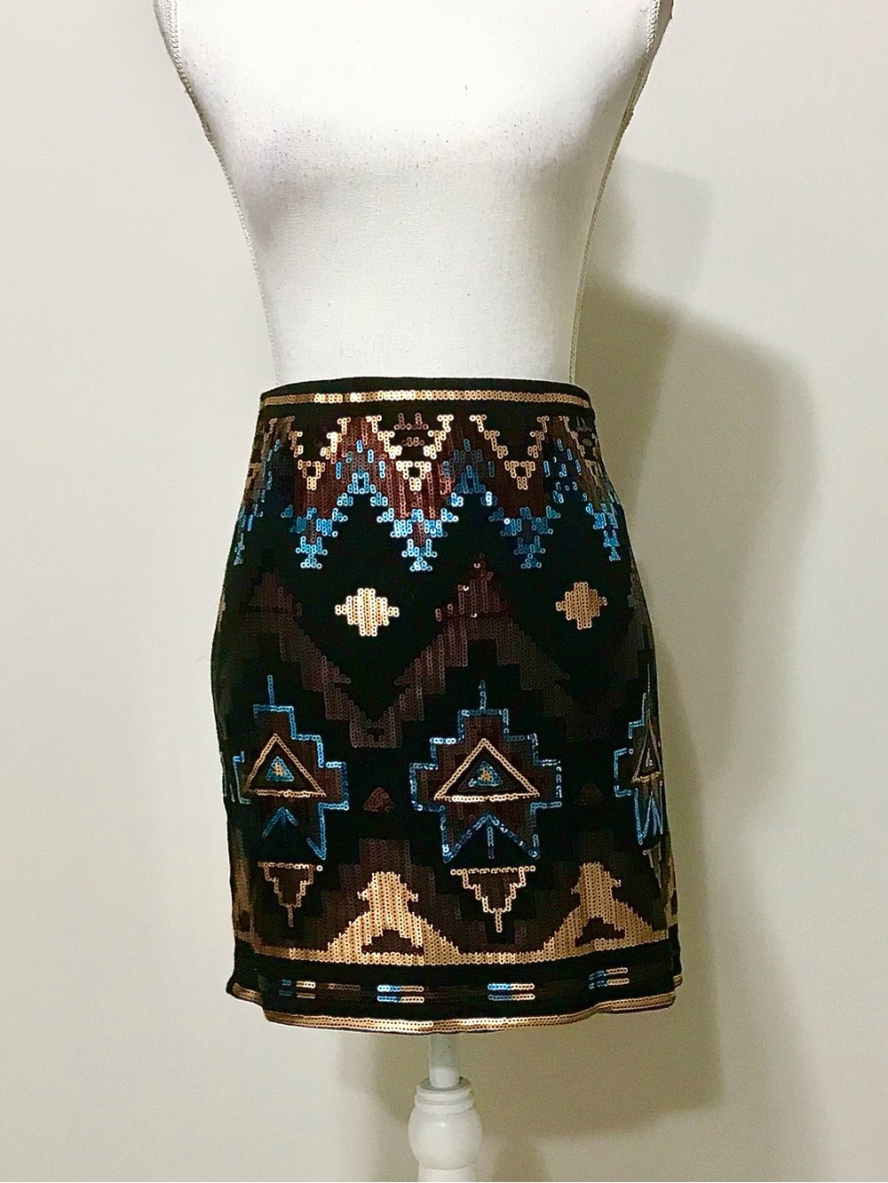 NWT Sequin Aztec Mini Skirt with Blue and Gold Accents - Picture 1 of 7